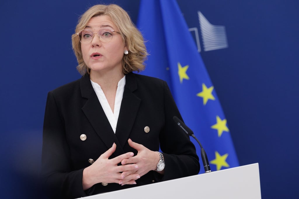 European Commissioner for Tech Sovereignty, Security and Democracy Henna Virkkunen speaks at a press conference in Brussels, Belgium, on Thursday. Photo: EPA