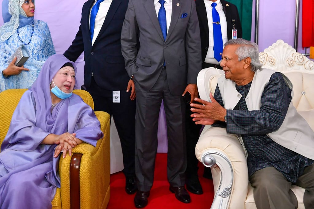 Bangladesh Nationalist Party (BNP) chief Khaleda Zia (second from left) with chief adviser of Bangladesh’s interim government Muhammad Yunus (right) in November last year. Photo: Press Wing of Bangladesh’s Chief Adviser / AFP Bangladesh Nationalist Party (BNP) chief Khaleda Zia (second from left) with chief adviser of Bangladesh’s interim government Muhammad Yunus (right) in November last year. Photo: Press Wing of Bangladesh’s Chief Adviser / AFP