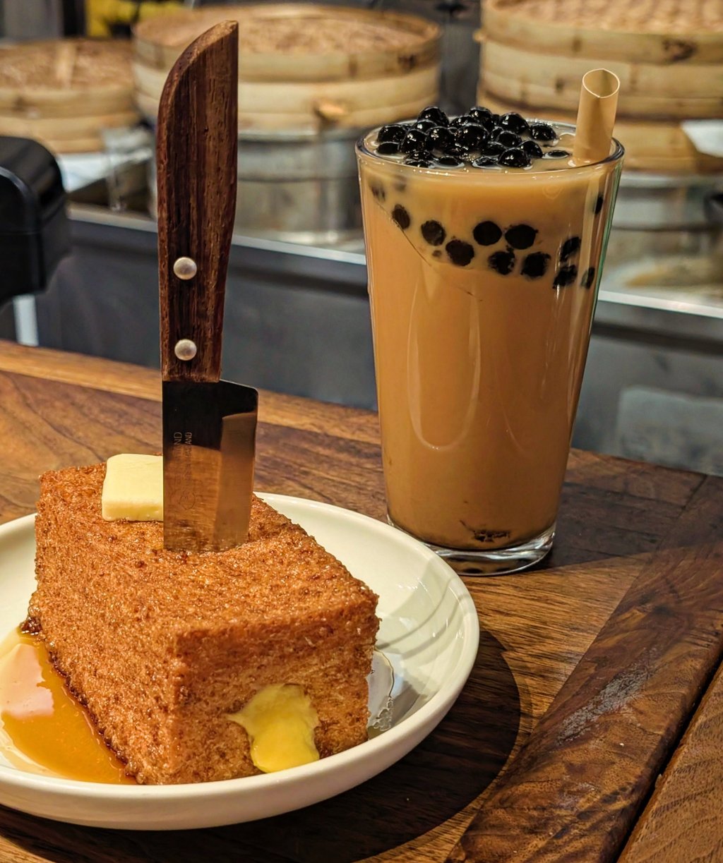 French toast with rhubarb purée and hand-pulled milk tea at Gongfu Cafe & Bao. Photo: Gongfu Cafe & Bao French toast with rhubarb purée and hand-pulled milk tea at Gongfu Cafe & Bao. Photo: Gongfu Cafe & Bao