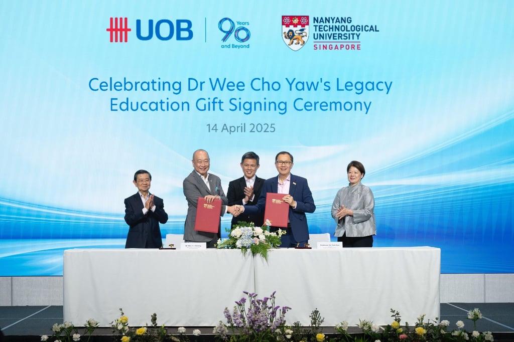 In April, UOB and the Wee Foundation presented a S$110 million gift to Nanyang Technological University to create new education opportunities for students. Photo: UOB