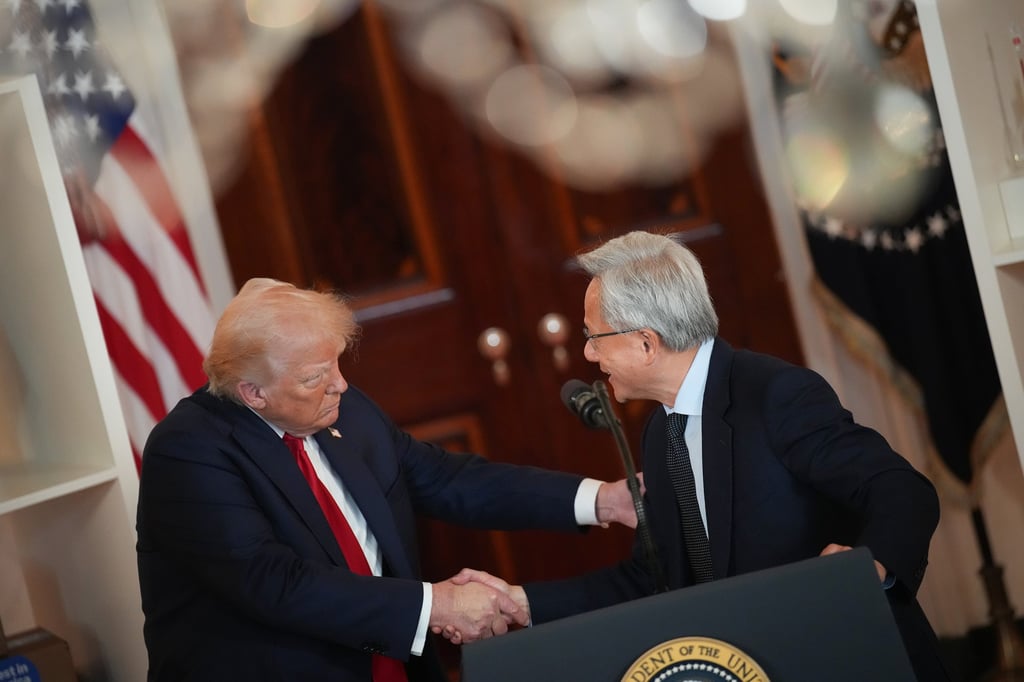 US President Donald Trump, left, shakes hands with Nvidia CEO Jensen Huang at an event in the White House on April 30, 2025. Photo: TNS US President Donald Trump, left, shakes hands with Nvidia CEO Jensen Huang at an event in the White House on April 30, 2025. Photo: TNS