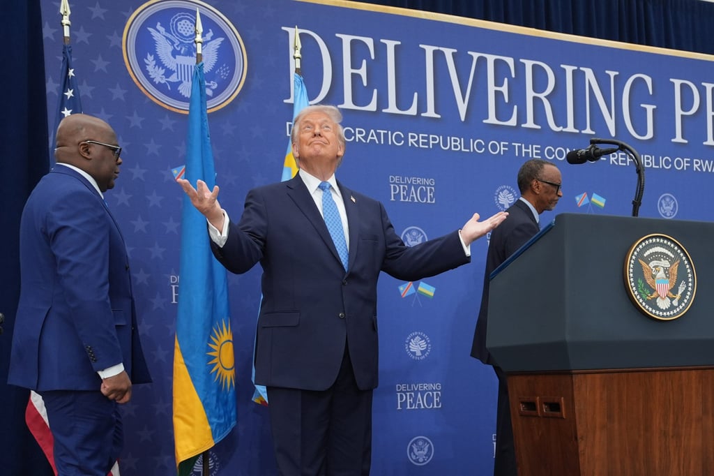 US President Donald Trump at last Thursday’s signing ceremony with Rwanda’s President Paul Kagame and Democratic Republic of Congo President Felix Tshisekedi. Photo: AP US President Donald Trump at last Thursday’s signing ceremony with Rwanda’s President Paul Kagame and Democratic Republic of Congo President Felix Tshisekedi. Photo: AP