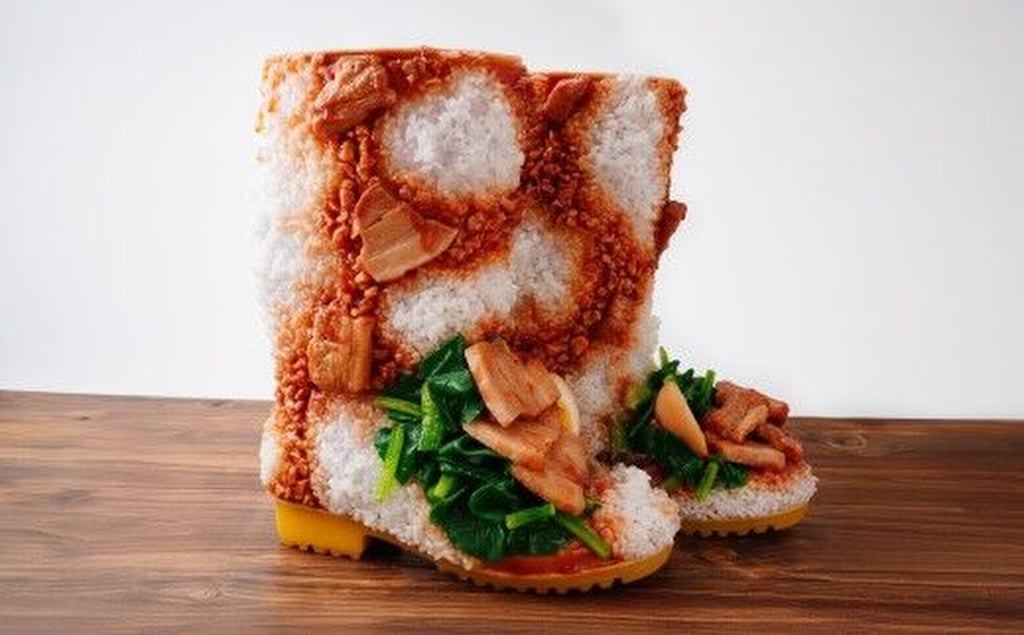 The wearable boots look amazingly like the famous Taiwan pork dish with rice and vegetables. Photo: Tokorozawa City website The wearable boots look amazingly like the famous Taiwan pork dish with rice and vegetables. Photo: Tokorozawa City website