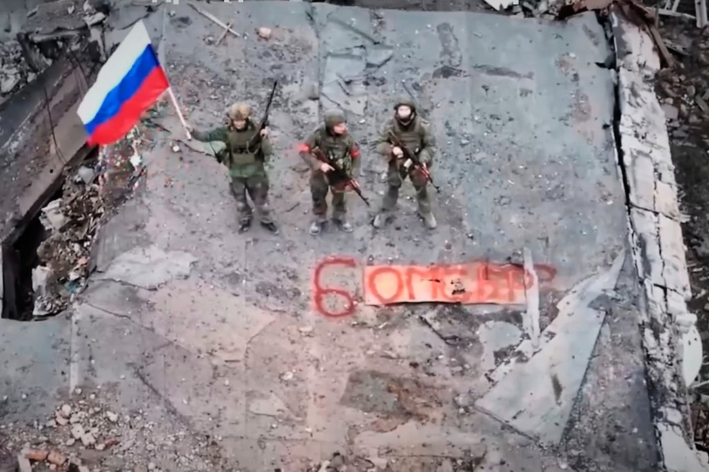 Russian soldiers in Siversk, a city in the Donetsk region, Ukraine. Russian Defence Ministry via AP
