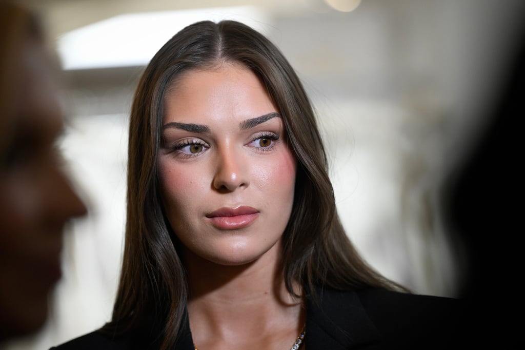 Former Miss Finland Sarah Dzafce attends a press conference in Helsinki on Thursday. Photo: Lehtikuva via AP
