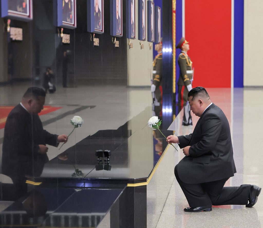 Kim Jong-un pays his respects in front of portraits of North Korean soldiers killed during their overseas deployment in Russia’s Kursk region on Friday. Photo: KCNA/AFP Kim Jong-un pays his respects in front of portraits of North Korean soldiers killed during their overseas deployment in Russia’s Kursk region on Friday. Photo: KCNA/AFP