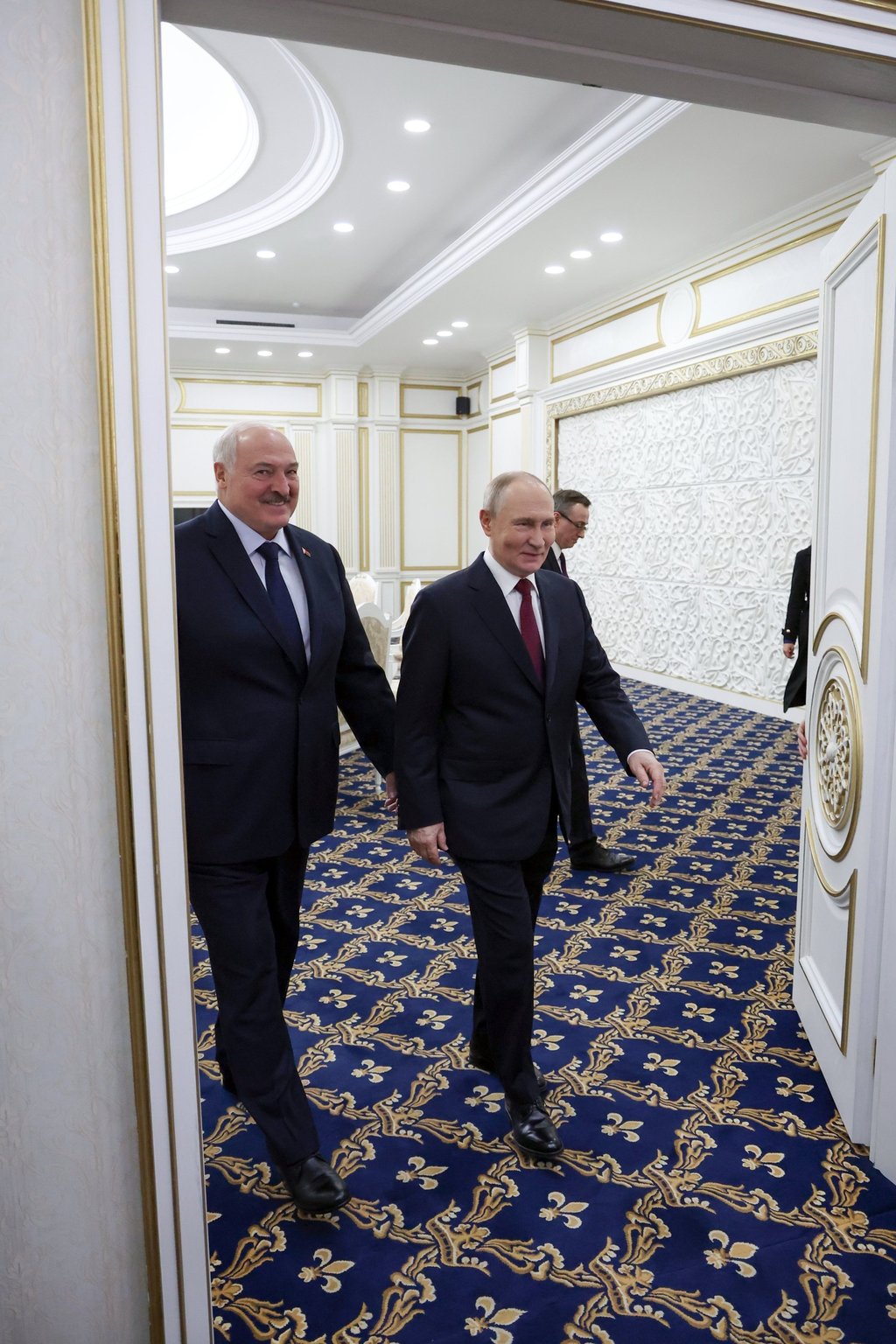 Belarusian President Alexander Lukashenko and Russian President Vladimir Putin arrive for a meeting in Kyrgyzstan last month. Photo: via EPA Belarusian President Alexander Lukashenko and Russian President Vladimir Putin arrive for a meeting in Kyrgyzstan last month. Photo: via EPA