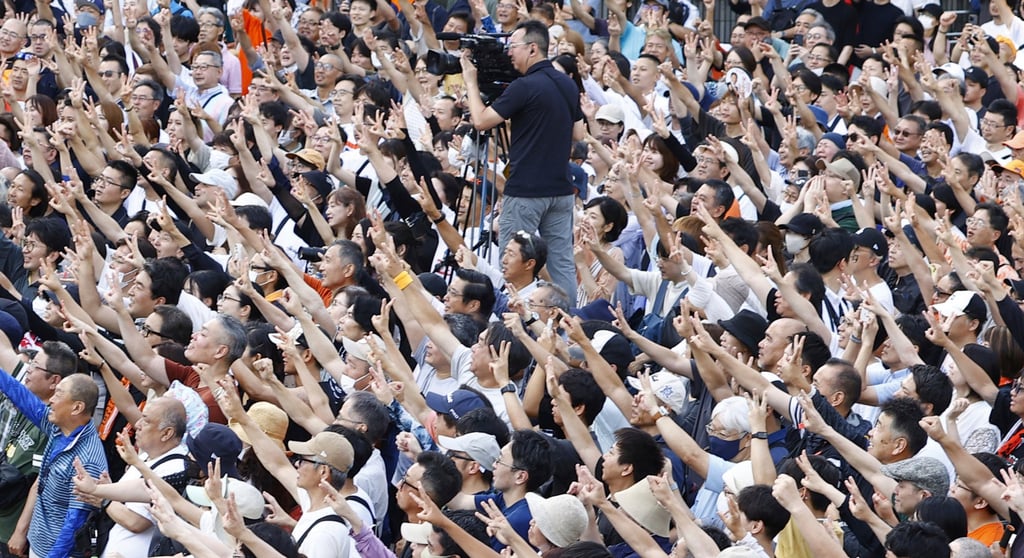 Sanseito supporters gather during an election campaign in Yokohama on July 19. Photo: Kyodo/AP Sanseito supporters gather during an election campaign in Yokohama on July 19. Photo: Kyodo/AP