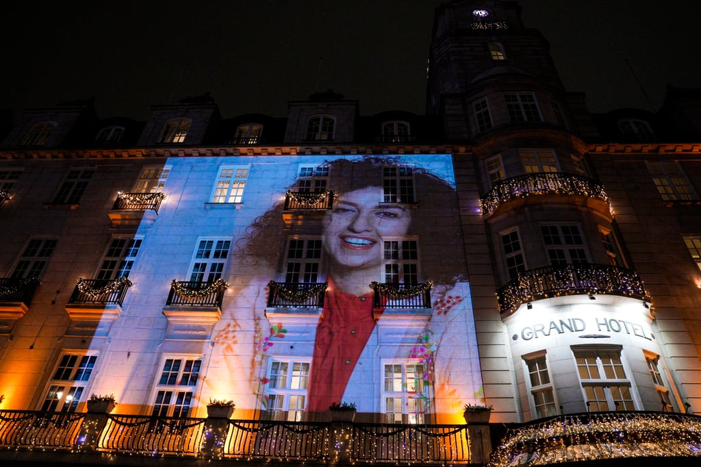 A picture of Narges Mohammadi is projected on the facade of the Grand Hotel before the Nobel Banquet in Oslo, Norway, in December 2023. Photo: EPA A picture of Narges Mohammadi is projected on the facade of the Grand Hotel before the Nobel Banquet in Oslo, Norway, in December 2023. Photo: EPA