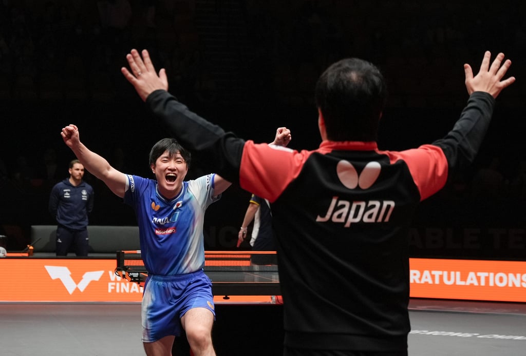 Japan’s Tomokazu Harimoto (left) wins the men’s singles final in Hong Kong. Photo: Eugene Lee Japan’s Tomokazu Harimoto (left) wins the men’s singles final in Hong Kong. Photo: Eugene Lee