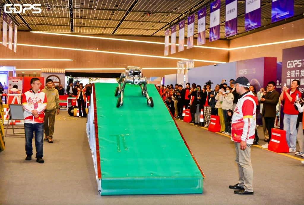 A robot dog is tested at the International Embodied Intelligence Skills Competition. Photo: Handout A robot dog is tested at the International Embodied Intelligence Skills Competition. Photo: Handout