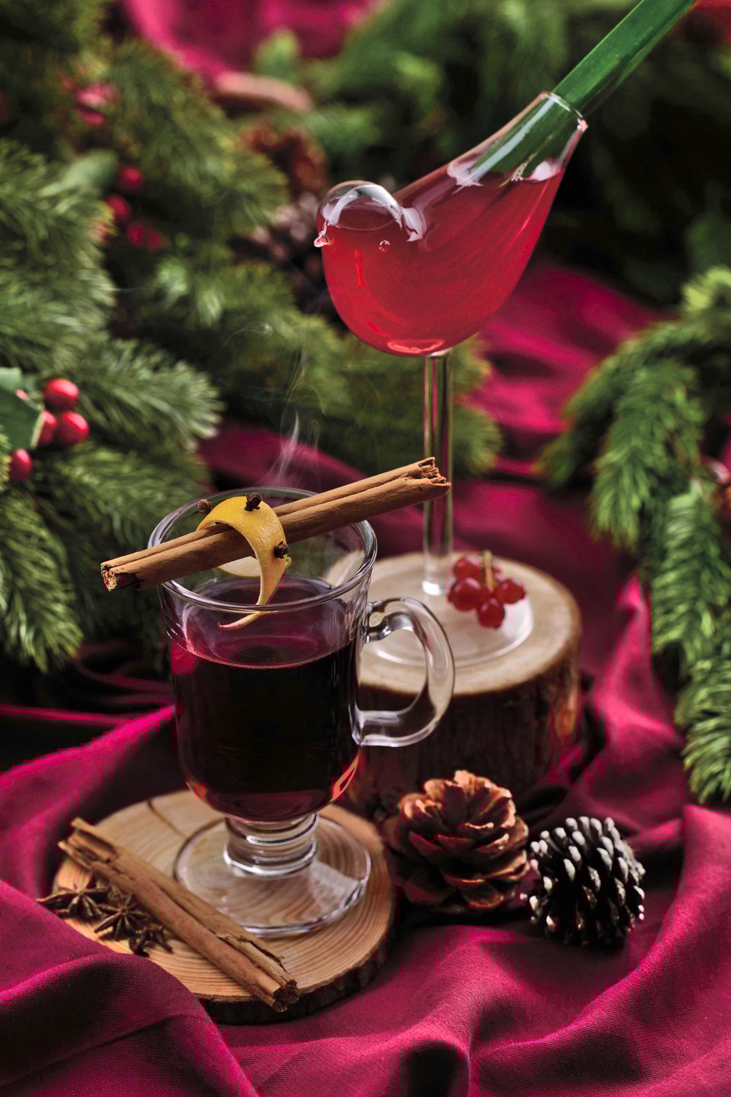 Jingle Bird cocktail and mulled wine at Bar Q88. Photo: Handout