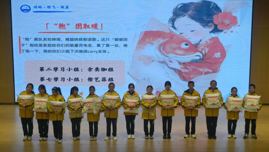 A group of pupils proudly displays pillows imprinted with their certificates of merit. Photo: ctdsb.net