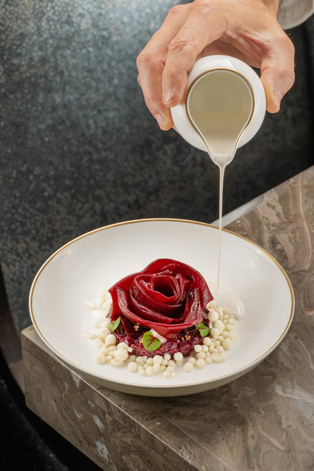 Vegetable-based dishes are also featured on the menu, such as the beetroot tartare with mustard and pine nut milk.