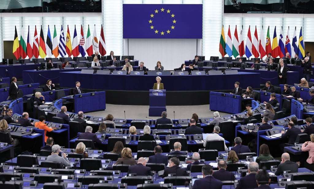 European Commission President Ursula von der Leyen speaks during a debate on the bloc’s position on a proposed peace plan for Ukraine, at the European Parliament in Strasbourg, France, on November 26. Photo: EPA European Commission President Ursula von der Leyen speaks during a debate on the bloc’s position on a proposed peace plan for Ukraine, at the European Parliament in Strasbourg, France, on November 26. Photo: EPA