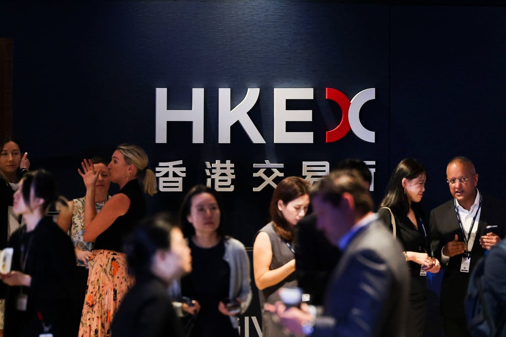 The HKEX logo is seen at the Capital Market Forum held at the Hong Kong stock exchange in Central, May 9, 2024. Photo: Edmond So