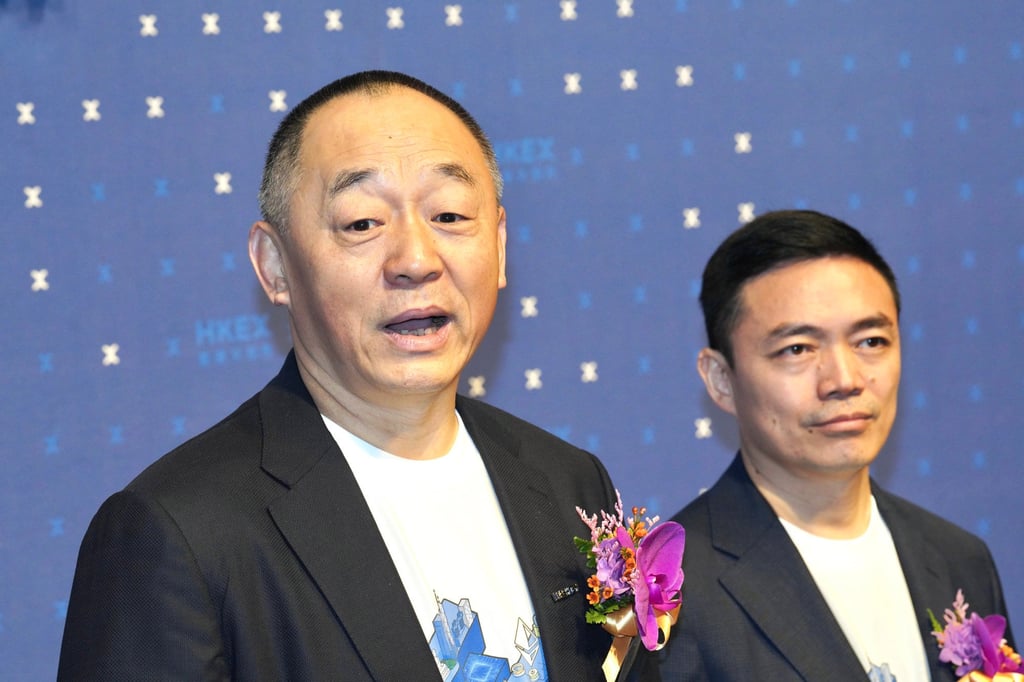 HashKey Holdings chairman and CEO Xiao Feng (left) and CFO Eric Zhu Minghua speak to the media after the listing ceremony on Wednesday. Photo: Karma Lo