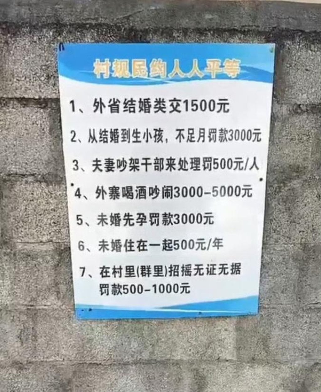 The notice which was posted on a wall alerting villagers to the new fines. Photo: thepaper.cn