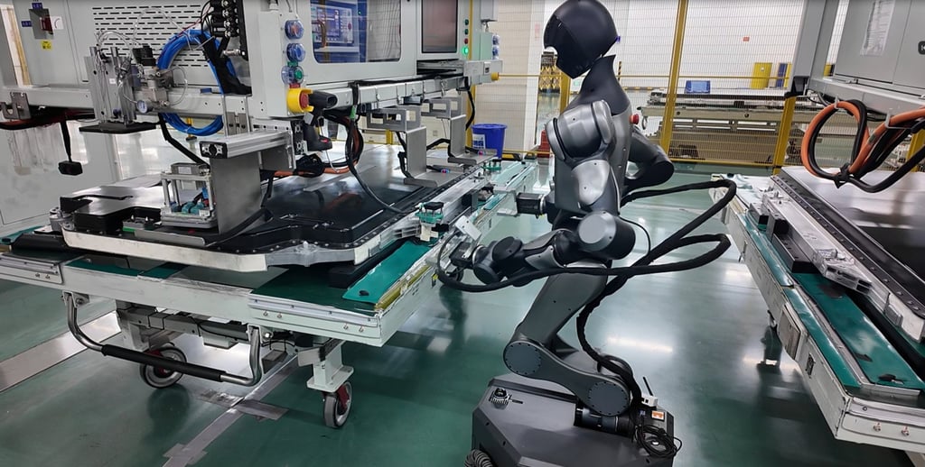 A Xiaomo humanoid robot plugs in a high-voltage battery connector at a production line of Contemporary Amperex Technology. Photo: CATL A Xiaomo humanoid robot plugs in a high-voltage battery connector at a production line of Contemporary Amperex Technology. Photo: CATL