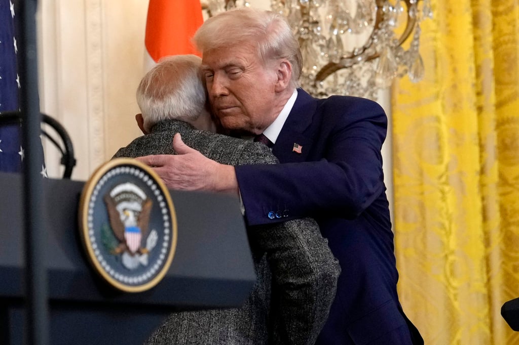 India’s Prime Minister Narendra Modi and US President Donald Trump embrace during a news conference in the White House in February. Photo: AP