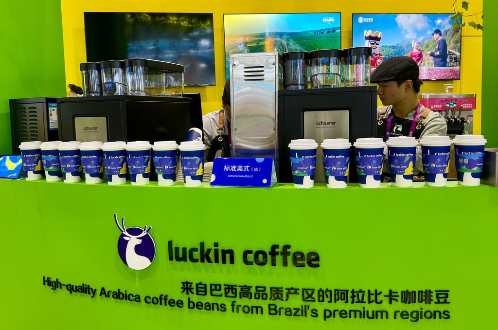 Chinese coffee shop chain Luckin Coffee at the China International Import Expo in Shanghai. Chinese brands like Luckin Coffee, Haidilao and Mixue have expanded their presence in Singapore in recent years. Photo: Frank Chen