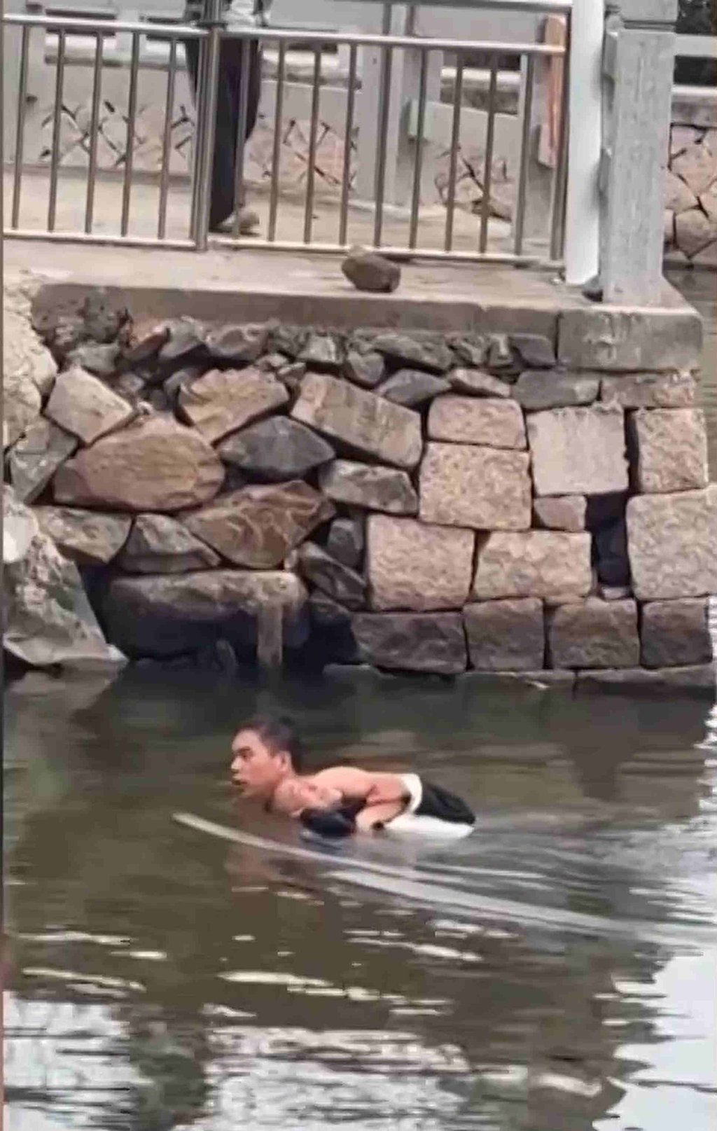Using his firm grip, Huang Daoxian swims as he drags the elderly woman to the shore. Photo: cqnews.net
