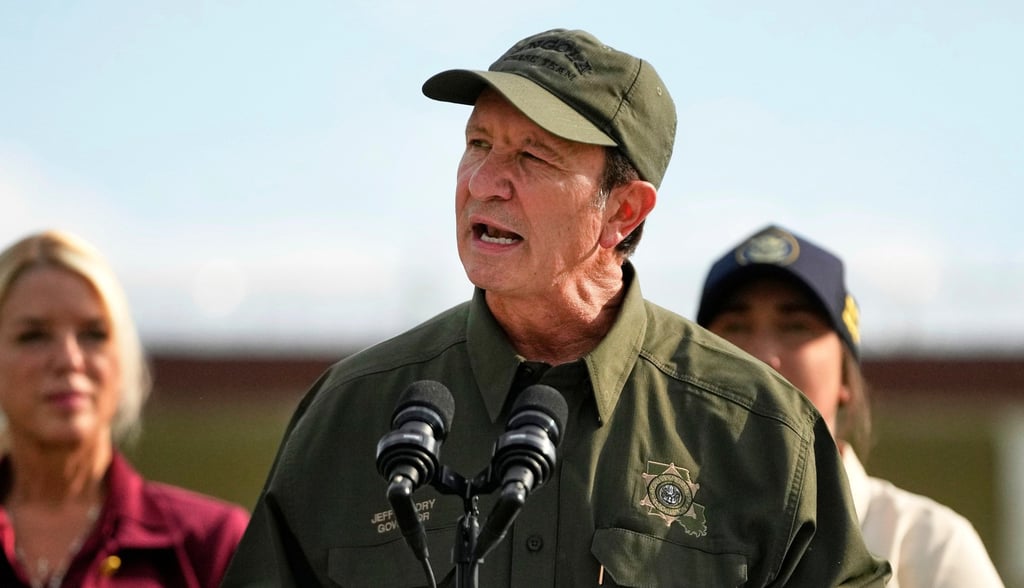 Louisiana Governor Jeff Landry speaks to reporters at the state penitentiary in Angola, Louisiana, in September. Photo: AP