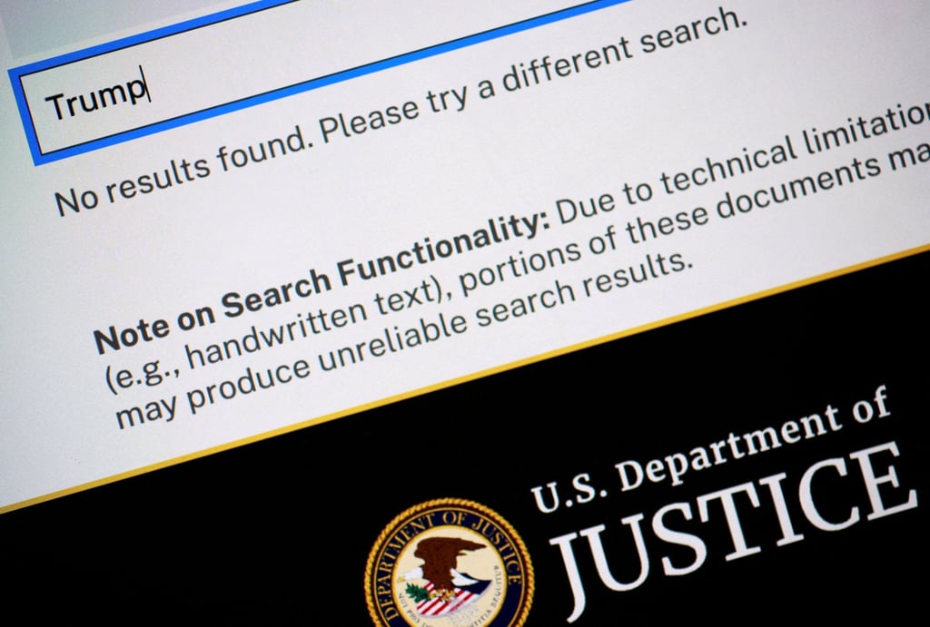 A search for ‘Trump’ shows no results on the US Department of Justice online library of Epstein documents. Photo: Reuters