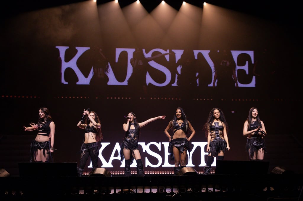Megan Skiendiel, Daniela Avanzini, Sophia Laforteza, Lara Raj, Manon Bannerman and Yoonchae of Katseye perform on December 12, at YouTube Theater in Inglewood, California. Photo: Invision/AP