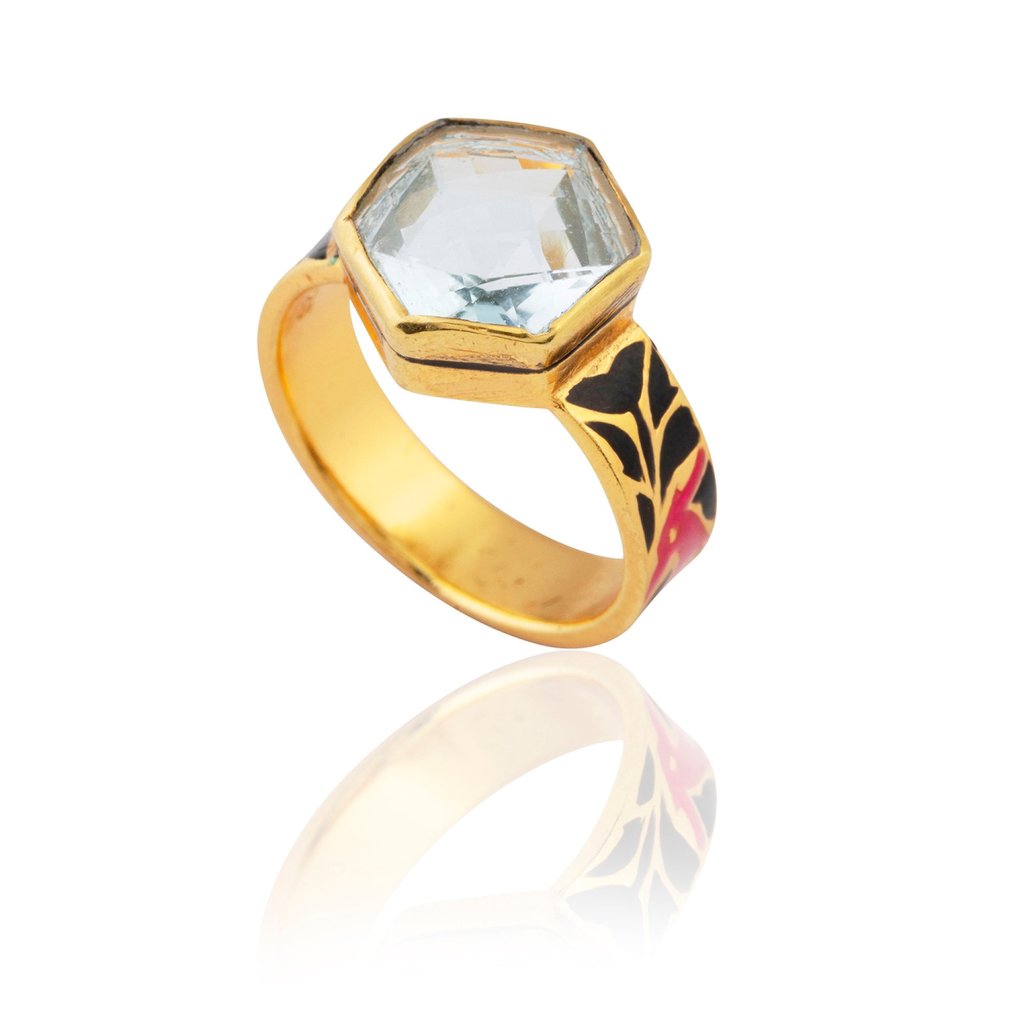 A 15th-century-inspired hexagon aquamarine and enamel ring. Photo: Handout