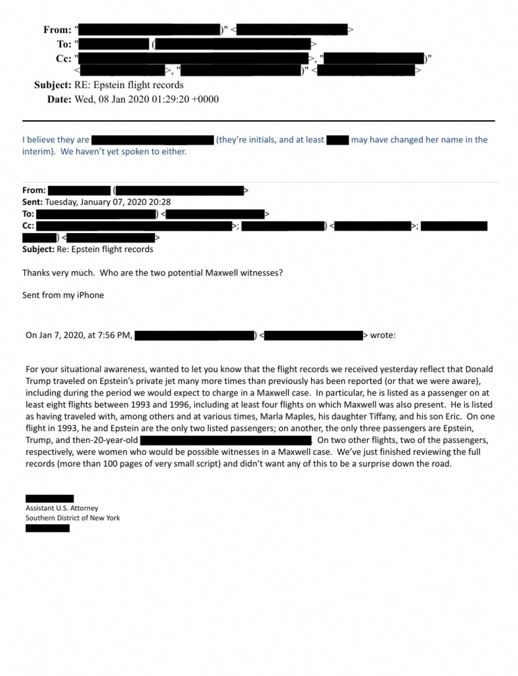 An email discussing Jeffrey Epstein’s private jet flight records mentioning Donald Trump. Photo: US Justice Department via Reuters