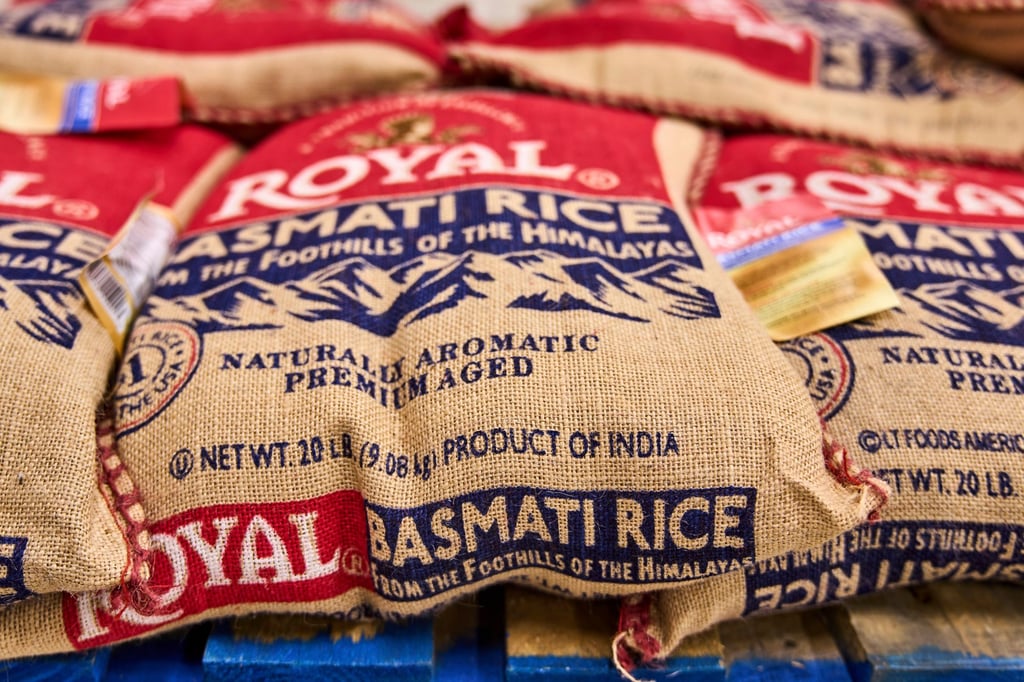 Sacks of Royal Basmati extra long rice imported from India are sold at Koseli Mart in Artesia, California, in August. The US has recently raised import duties on Indian basmati rice. Photo: AP