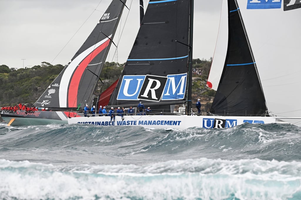 SHK Scallywag 100 (left) set off yesterday close to URM Group (right), which has retired. Photo: EPA