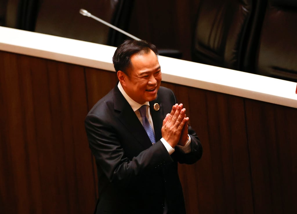 Anutin Charnvirakul performs a traditional greeting to thank lawmakers after being elected as prime minister during a voting session in parliament in Bangkok, Thailand, on September 5. Photo: EPA