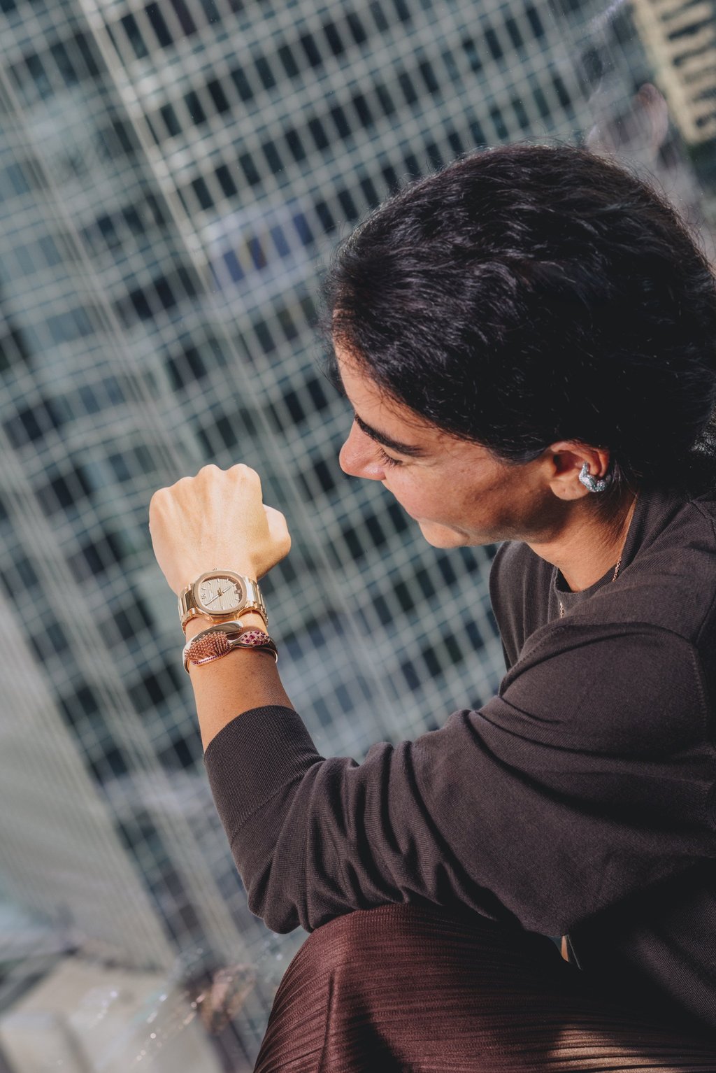 Nadine Ghosn pairs a Patek Philippe Nautilus watch with her instantly iconic Toothbrush Bracelet. Photo: Jocelyn Tam Nadine Ghosn pairs a Patek Philippe Nautilus watch with her instantly iconic Toothbrush Bracelet. Photo: Jocelyn Tam