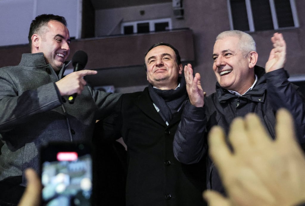 Kosovo’s Prime Minister Albin Kurti celebrates with supporters. Photo: Reuters