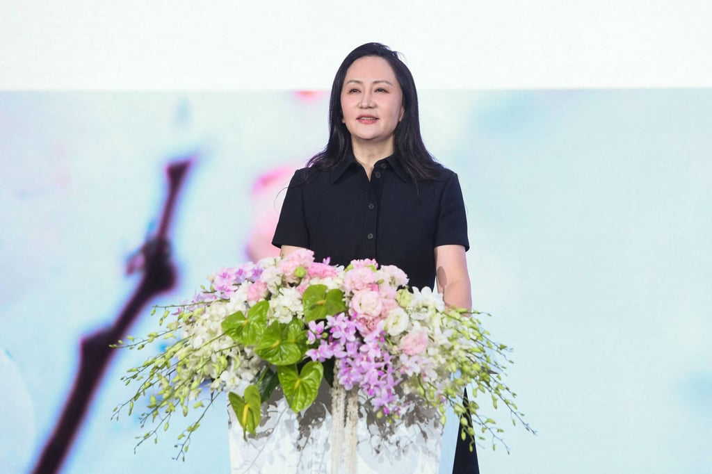 Meng Wanzhou speaks during the company’s 2022 annual report press conference in Shenzhen, March 31, 2023. Photo: AFP