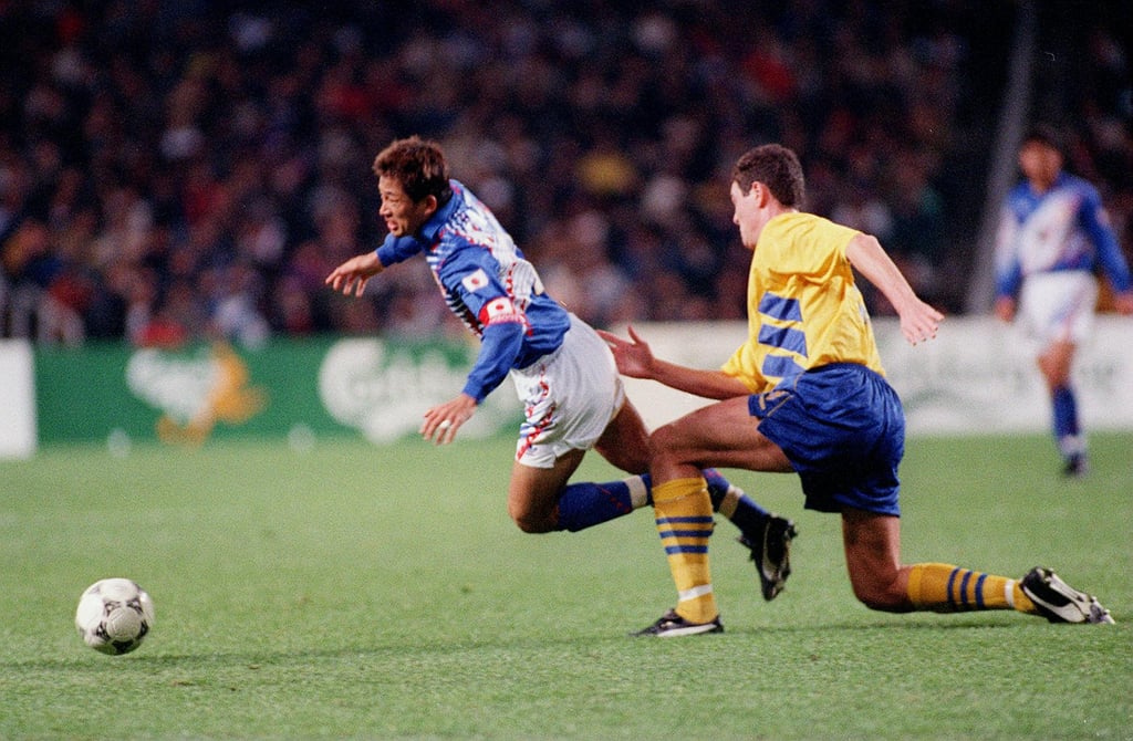 Kazuyoshi Miura (left) played against Sweden at the Hong Kong Stadium in 1996. Photo: SCMP Kazuyoshi Miura (left) played against Sweden at the Hong Kong Stadium in 1996. Photo: SCMP