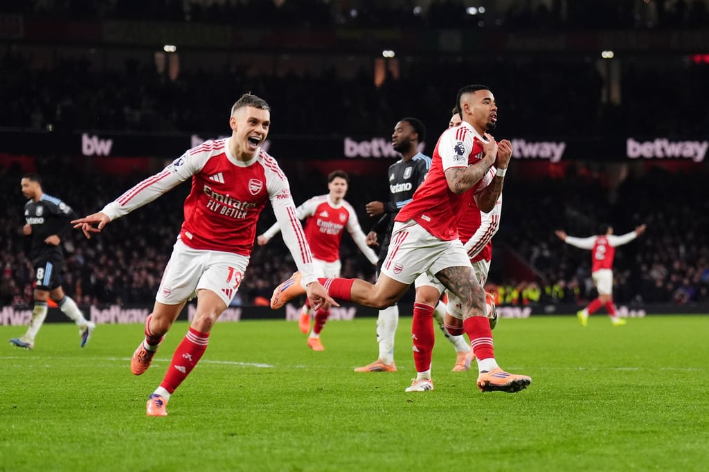 Arsenal’s Gabriel Jesus (right) celebrates scoring his side’s fourth. Photo: dpa Arsenal’s Gabriel Jesus (right) celebrates scoring his side’s fourth. Photo: dpa