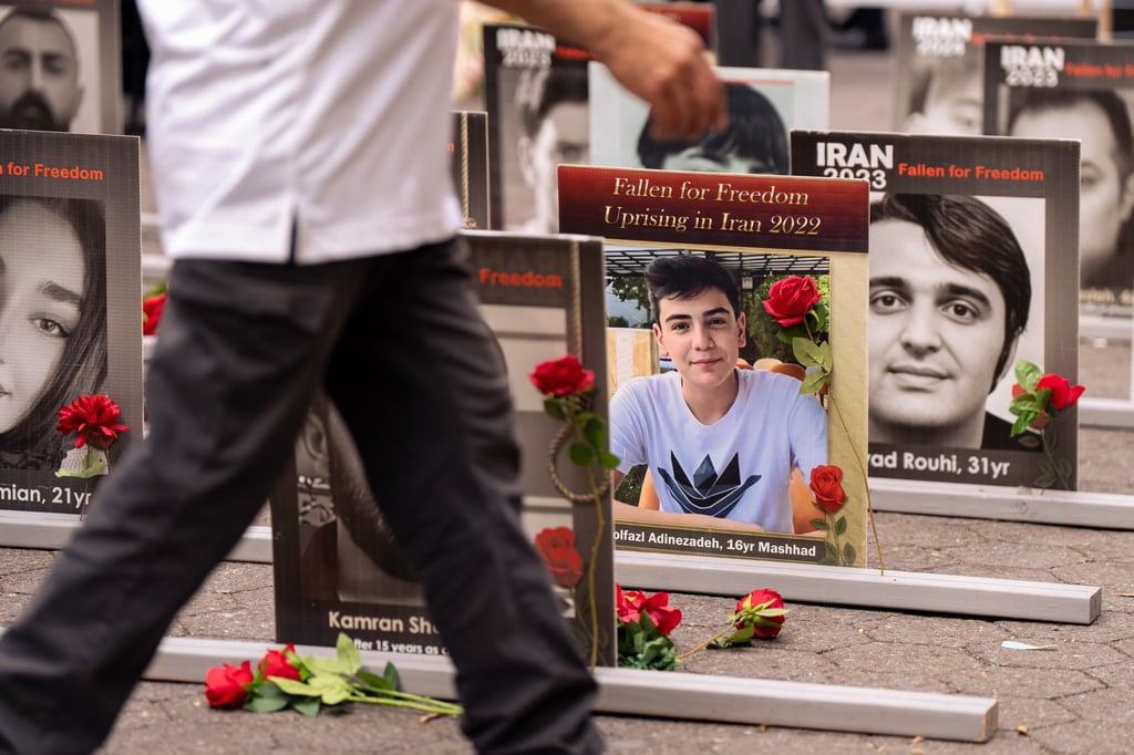 Faces and stories of Iranians who have been executed as political prisoners by their government are displayed at a protest outside UN headquarters in New York in September 2025. Photo: AP