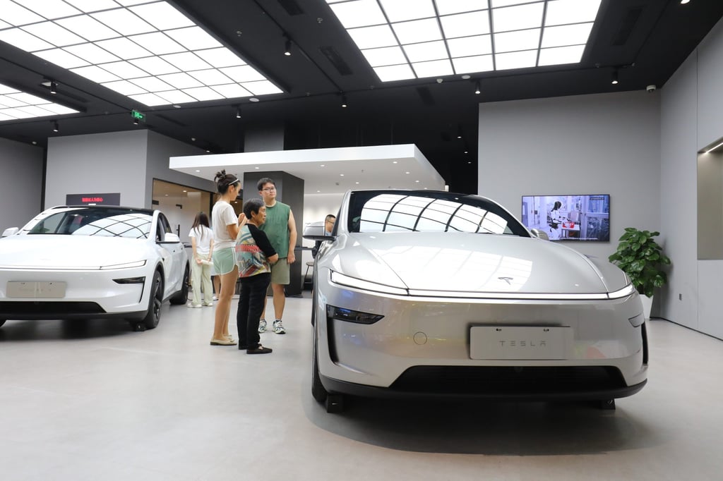 Tesla cars are displayed in a showroom in Chongqing. Photo: VCG/VCG via Getty Images