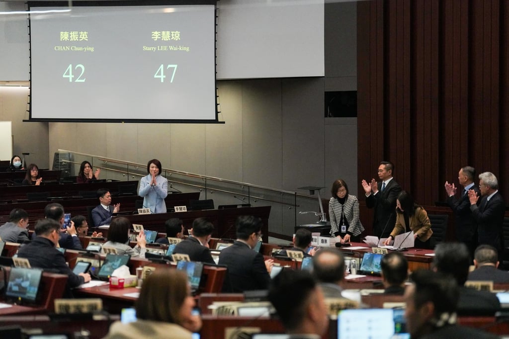 Starry Lee has been elected Legco president, securing 47 votes, five more than Ronick Chan. Photo: Karma Lo Starry Lee has been elected Legco president, securing 47 votes, five more than Ronick Chan. Photo: Karma Lo