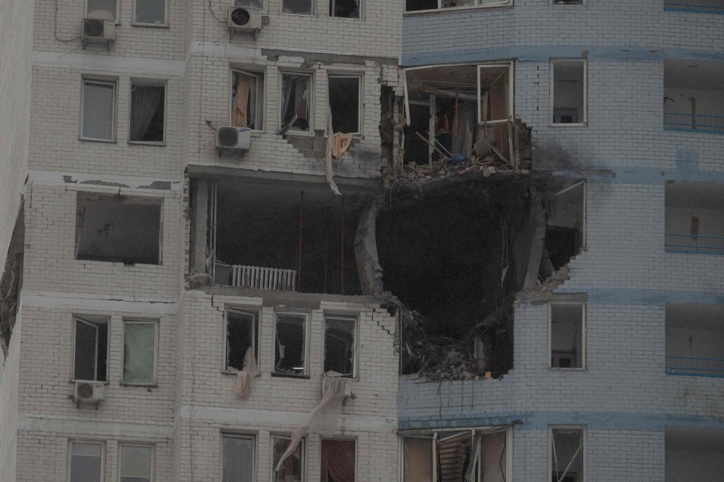 A damaged residential building in Kyiv following a Russian attack. Photo: AFP A damaged residential building in Kyiv following a Russian attack. Photo: AFP