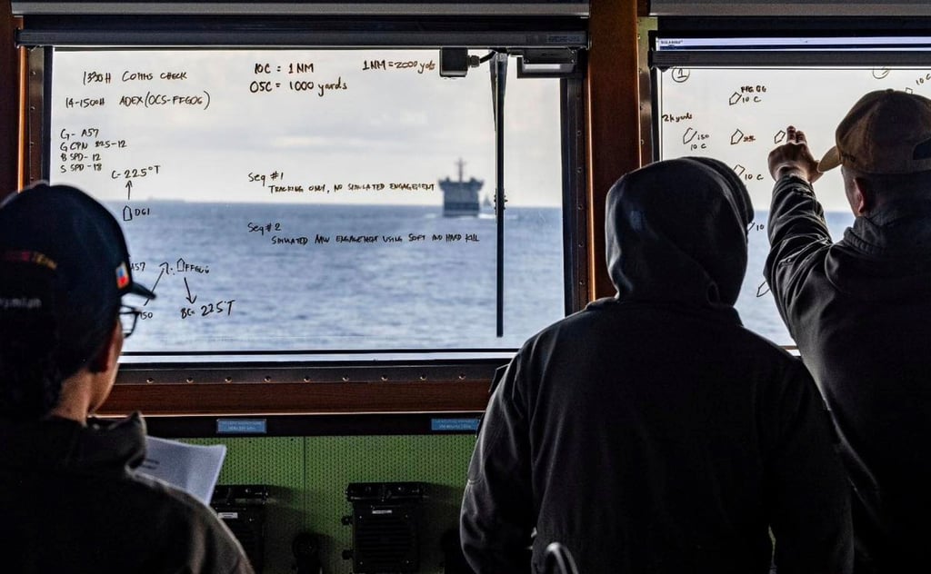 Personnel aboard the BRP Jose Rizal lead a precision communication exercise between the Philippines and Indian navies in the South China Sea on August 3, 2025. Photo: Armed Forces of the Philippines Public Affairs Office/AP
