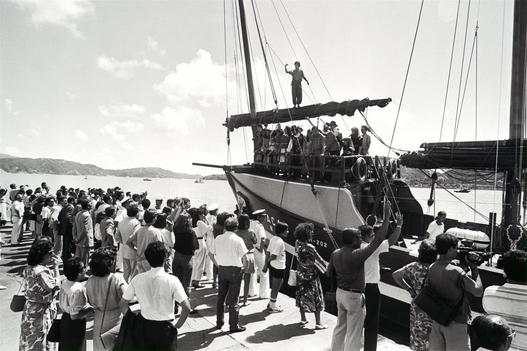 A 200-tonne wooden junk, The Macau, raised anchor in Macau in 1988 to retrace the 1543 voyage by a Portuguese ship to Japan, which resulted in the introduction of Western firearms to the island nation. Photo: SCMP Archives