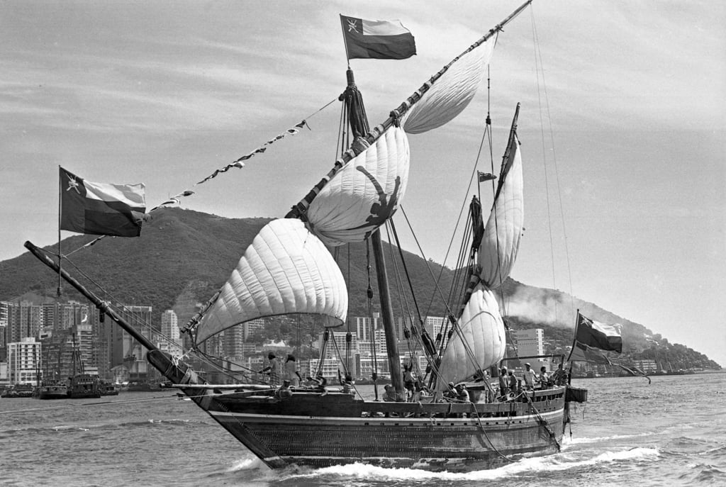 The Sohar, an 88-foot-long vessel from Oman, is towed into the British Royal Navy base HMS Tamar in Hong Kong after completing its historic journey from Oman to Guangzhou, in 1981. The vessel has made the 6,000-mile (9,656km) trip to repeat the legendary voyage of Sinbad the Sailor as recorded in A Thousand and One Nights. Photo: SCMP Archives