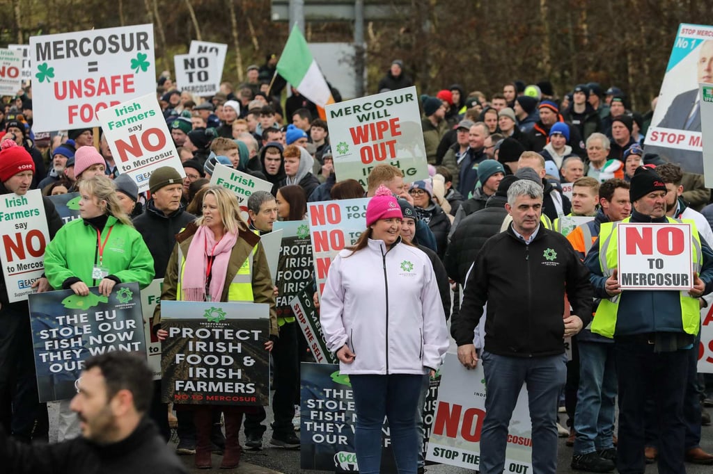 Irish farmers during a protest against the EU-Mercosur trade deal, in the town of Athlone on Saturday. The accord, more than 25 years in the making, would create one of the world’s largest free-trade areas. Photo: AFP