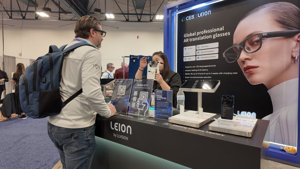 LLVision’s Leion Hey2 augmented reality translation smart glasses on display at the CES trade show. Photo: Wency Chen LLVision’s Leion Hey2 augmented reality translation smart glasses on display at the CES trade show. Photo: Wency Chen