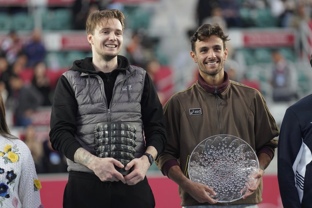 Alexander Bublik (left) poses with runner-up Lorenzo Musetti after winning the Hong Kong Tennis Open. Photo: Karma Lo Alexander Bublik (left) poses with runner-up Lorenzo Musetti after winning the Hong Kong Tennis Open. Photo: Karma Lo