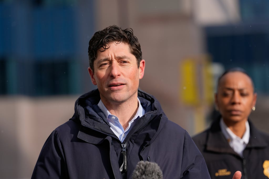 Minneapolis Mayor Jacob Frey holds a news conference in Minneapolis on Saturday. Photo: AP